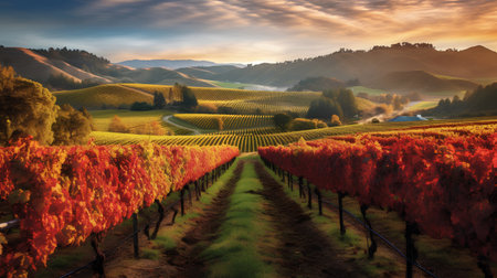Wineyard in autumn. Rows of vineyards at sunset.の素材