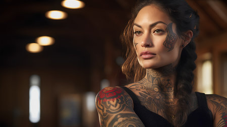 Tattooed woman looking at camera. Tattoo on body.の素材