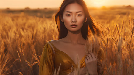 Beautiful asian woman in golden wheat field at sunset. Beauty, fashion.の素材