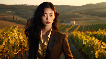 Beautiful asian woman with vineyard in Tuscany, Italyの素材