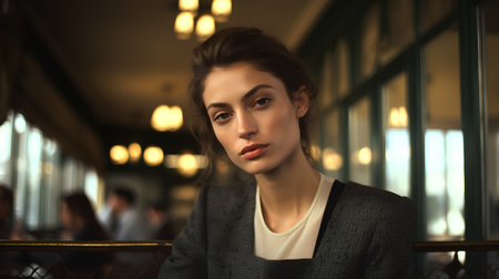 Portrait of a beautiful young woman in a cafe. Soft focus.の素材