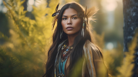 Portrait of a beautiful young Native American woman in the forest.の素材