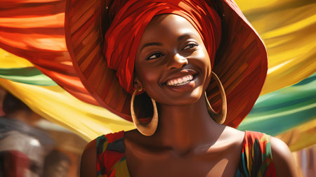 Portrait of a beautiful African American woman in a colorful turban.の素材