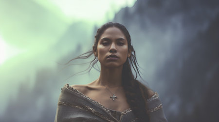 Portrait of a beautiful woman with long braided hair and braid on her headの素材