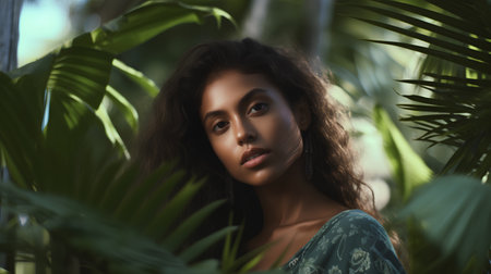 Portrait of a beautiful brunette woman in a green dress among palm leavesの素材