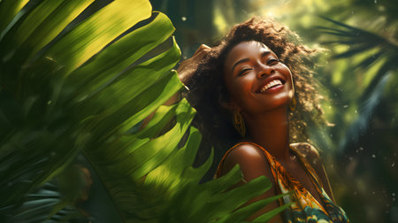 Beautiful african american woman with afro hairstyle in tropical forestの素材