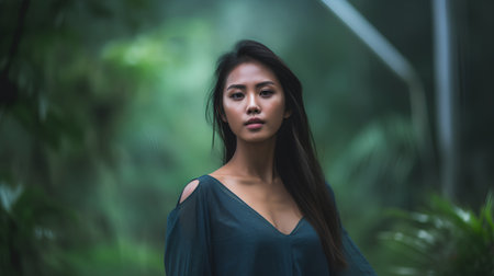 Portrait of a beautiful young asian woman in the rainforestの素材