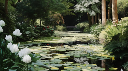 Garden with pond and flowers, 3d render, square imageの素材