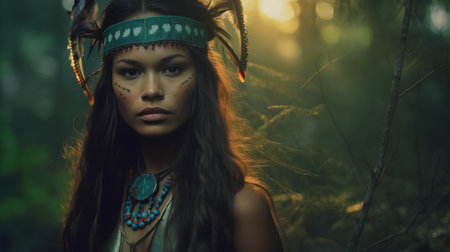 Beautiful indian woman with ethnic headdress in the forest.の素材