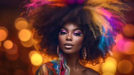 Beautiful african american woman with afro hairstyle and multicolored makeupの素材