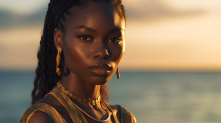 Beautiful african american woman on the beach at sunset.の素材