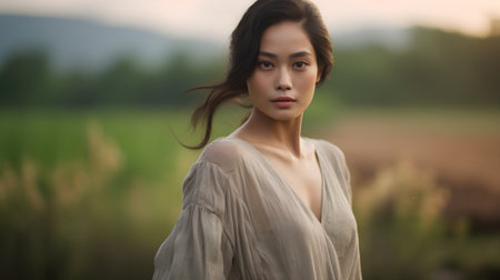 Beautiful asian woman in long dress standing in the field.の素材