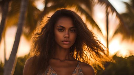 Portrait of a beautiful young woman on the beach at sunset.の素材