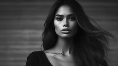 Black and white portrait of a beautiful woman with long hair. Beauty, fashion.の素材