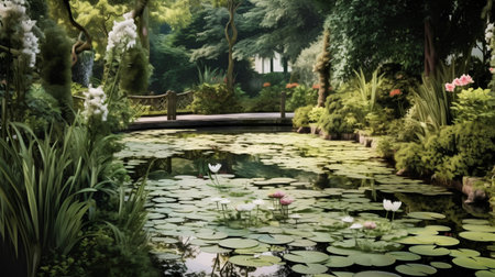Beautiful garden with pond and water lilies, retro style.の素材