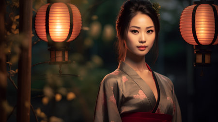 beautiful asian woman in kimono with lanterns at nightの素材