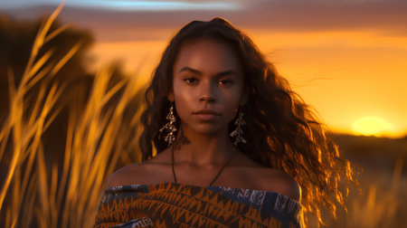 Portrait of a beautiful African American woman in a field at sunsetの素材