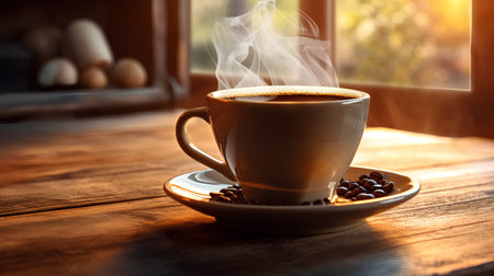 Coffee cup with steam on wooden table in front of windowの素材