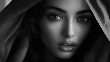 Beautiful young woman with a veil over her face. Black and white photo.の素材