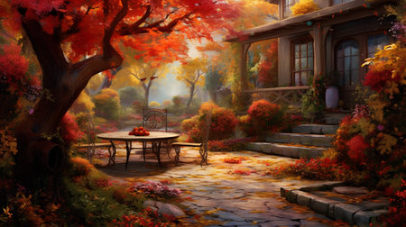 Autumn garden with bench and table. Fall season. Digital paintingの素材