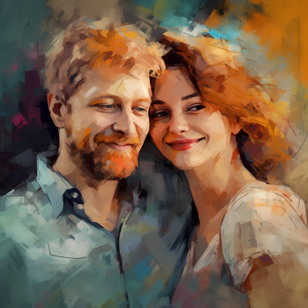 Portrait of a happy couple in love. Digital painting on canvas.の素材