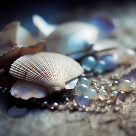 Seashells and pearls on a wooden surface. Selective focus.の素材