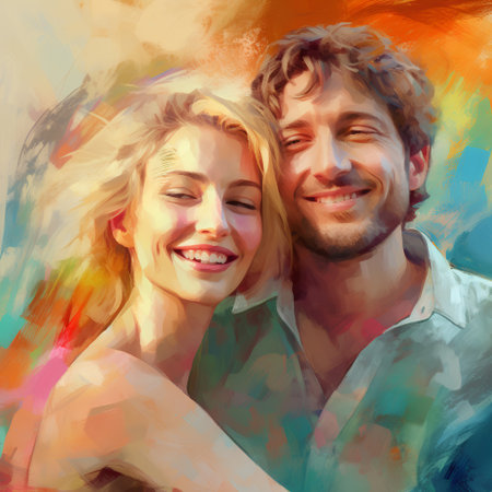 Portrait of a happy smiling couple. Colorful background. Digital painting.の素材