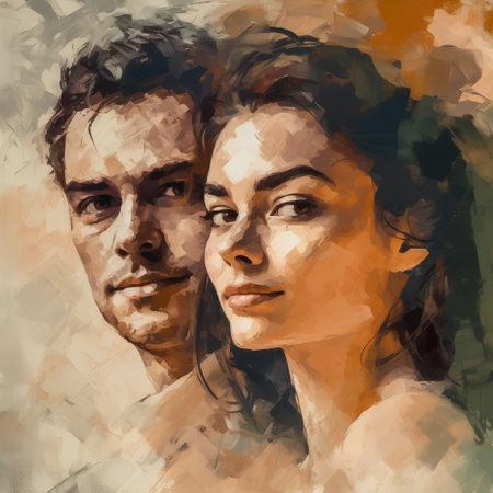 Portrait of a man and a woman in profile. Digital painting.の素材