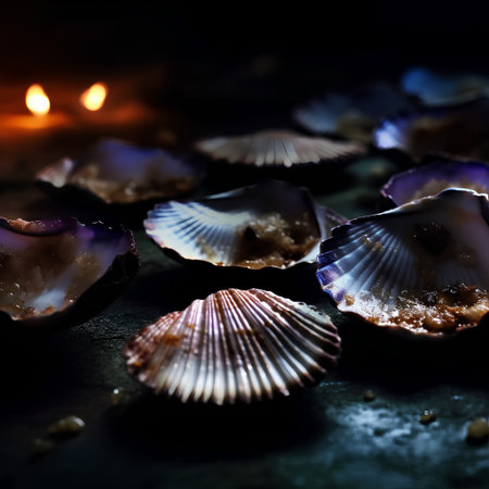 Seashells and candles on a dark background. Selective focus.の素材