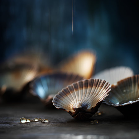 Seashells on old wooden background. Shallow depth of field.の素材