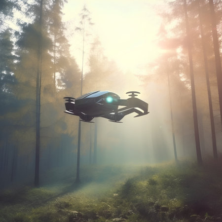 Drone flying in the misty forest. 3D render.の素材