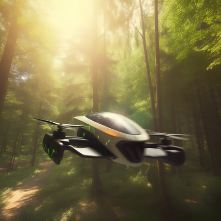 drone flying in the forest. 3d render of quadcopter with cameraの素材