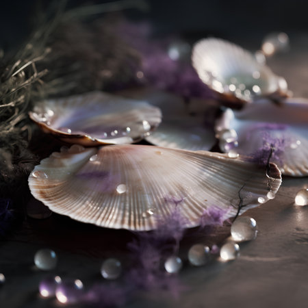 Scallops with purple flowers and pearls on a dark backgroundの素材
