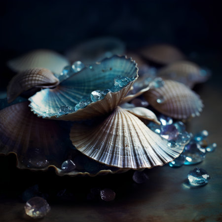 seashells with sea salt on dark background. selective focusの素材
