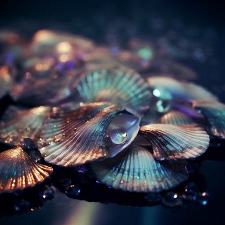 Beautiful seashells on dark background. Shallow depth of fieldの素材