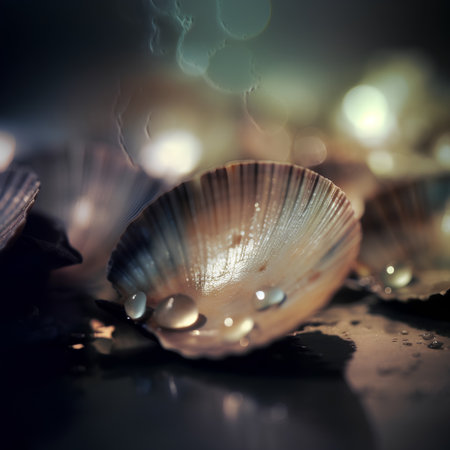 Beautiful seashells with dew drops on a dark backgroundの素材