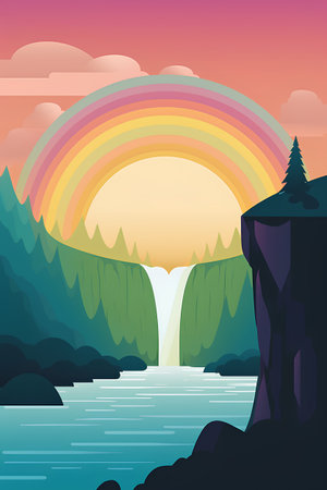 Landscape with river and rainbow. Nature background. Vector illustration.の素材