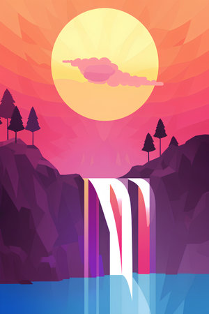 Waterfall in the mountains at sunset. Flat style vector illustration.の素材