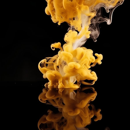 Yellow ink in water on a black background. Abstract color background.の素材