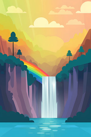 Landscape with waterfall and rainbow. Vector illustration in flat style.の素材