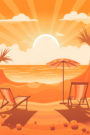 Beach with sunbeds and umbrellas. Vector illustrationの素材