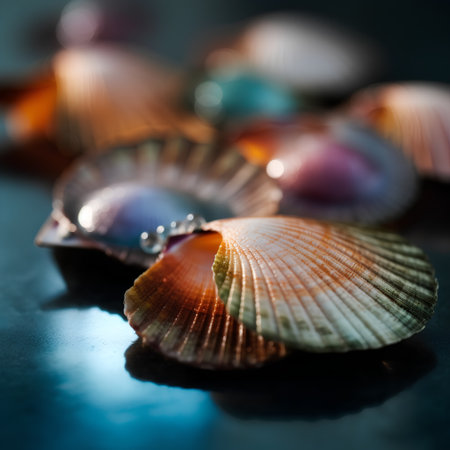 Seashells on a black background. Shallow depth of field. Toned.の素材