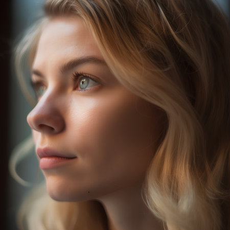 Portrait of a beautiful young woman with blonde hair and blue eyesの素材