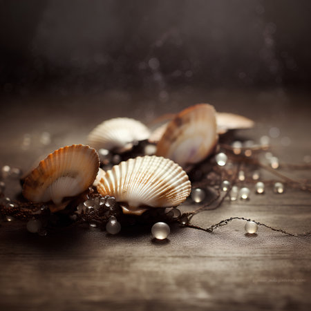 Seashells and pearls on a wooden background. Toned.の素材