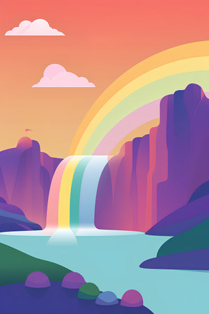 Landscape with waterfall and rainbow. Vector illustration in flat style.の素材