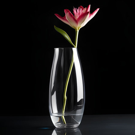 red tulip in a glass vase on a black background.の素材
