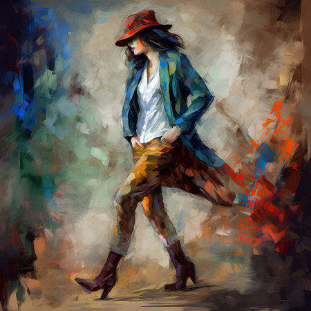 Young woman in a hat and coat. Digital painting on canvas.の素材