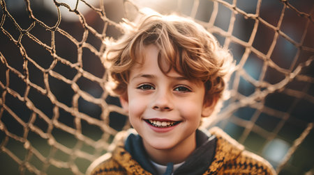 Portrait of a cute little boy in a yellow sweater looking at the camera while standing in a football goal outdoorsの素材