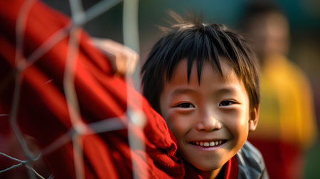 Portrait of asian boy with red scarf behind the fence.の素材