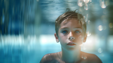 Portrait of a boy in a swimming pool with water drops.の素材